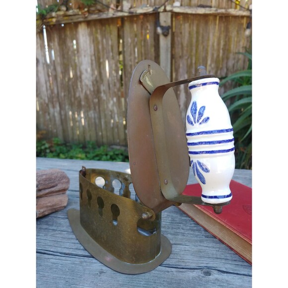 Vintage Brass Coal Iron With Blue Dutch Style Ceramic Handle - Picture 3 of 10
